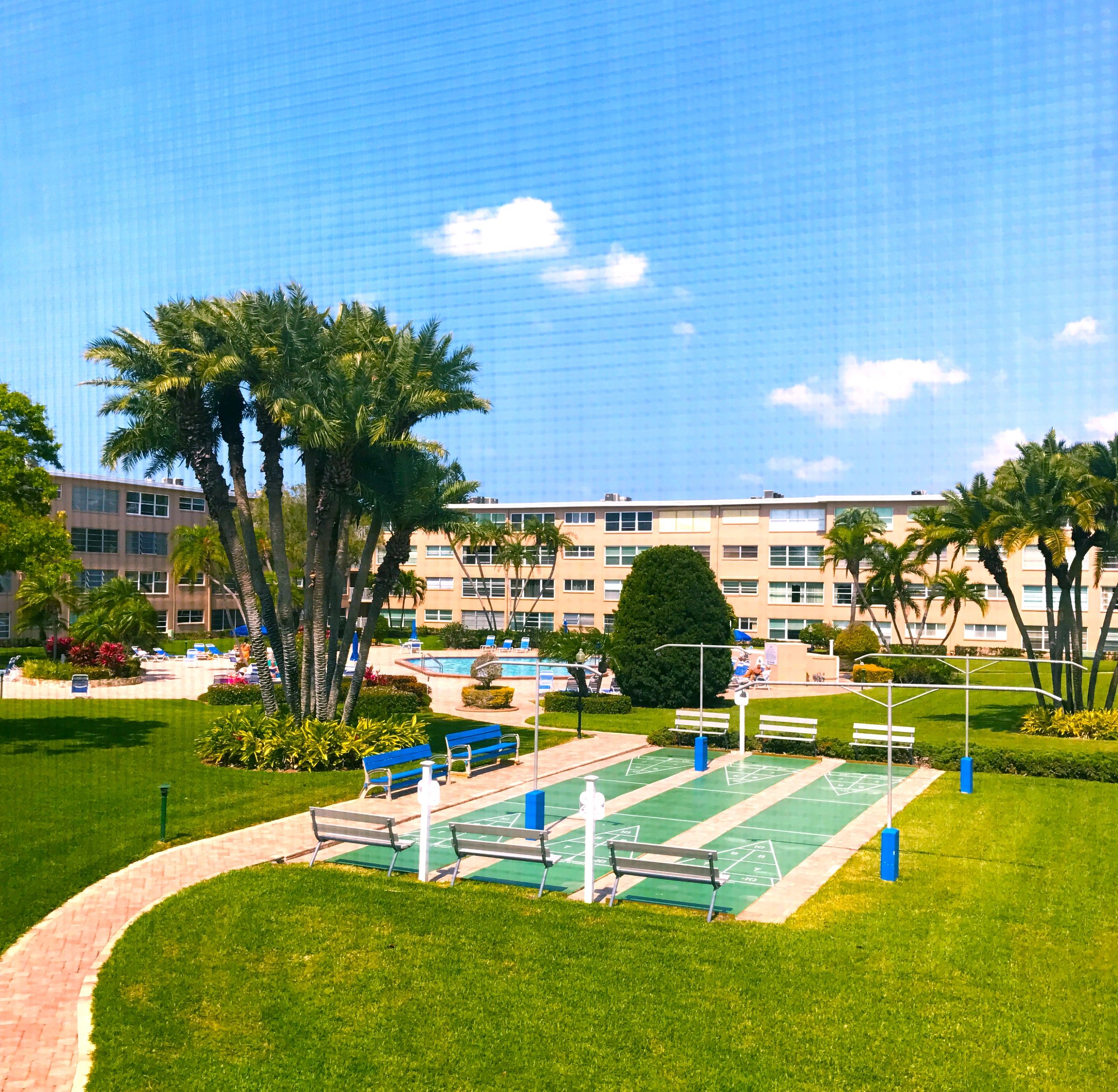 Shuffleboard court and sunny grounds