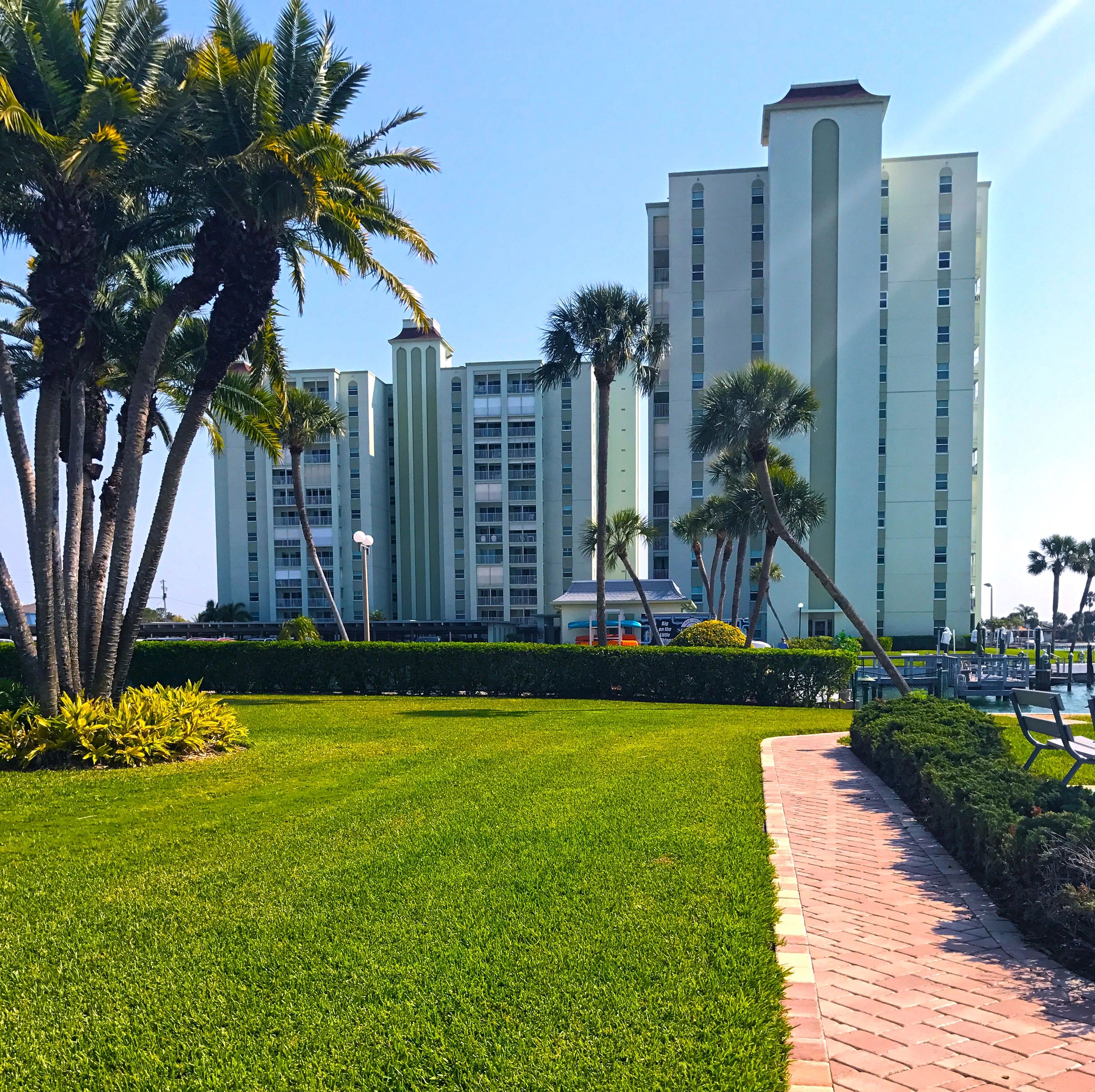 Waterfront apartment complex with bay views