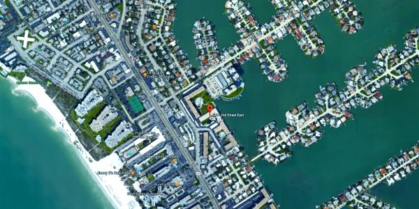 Aerial overhead view of coastal waterfront area